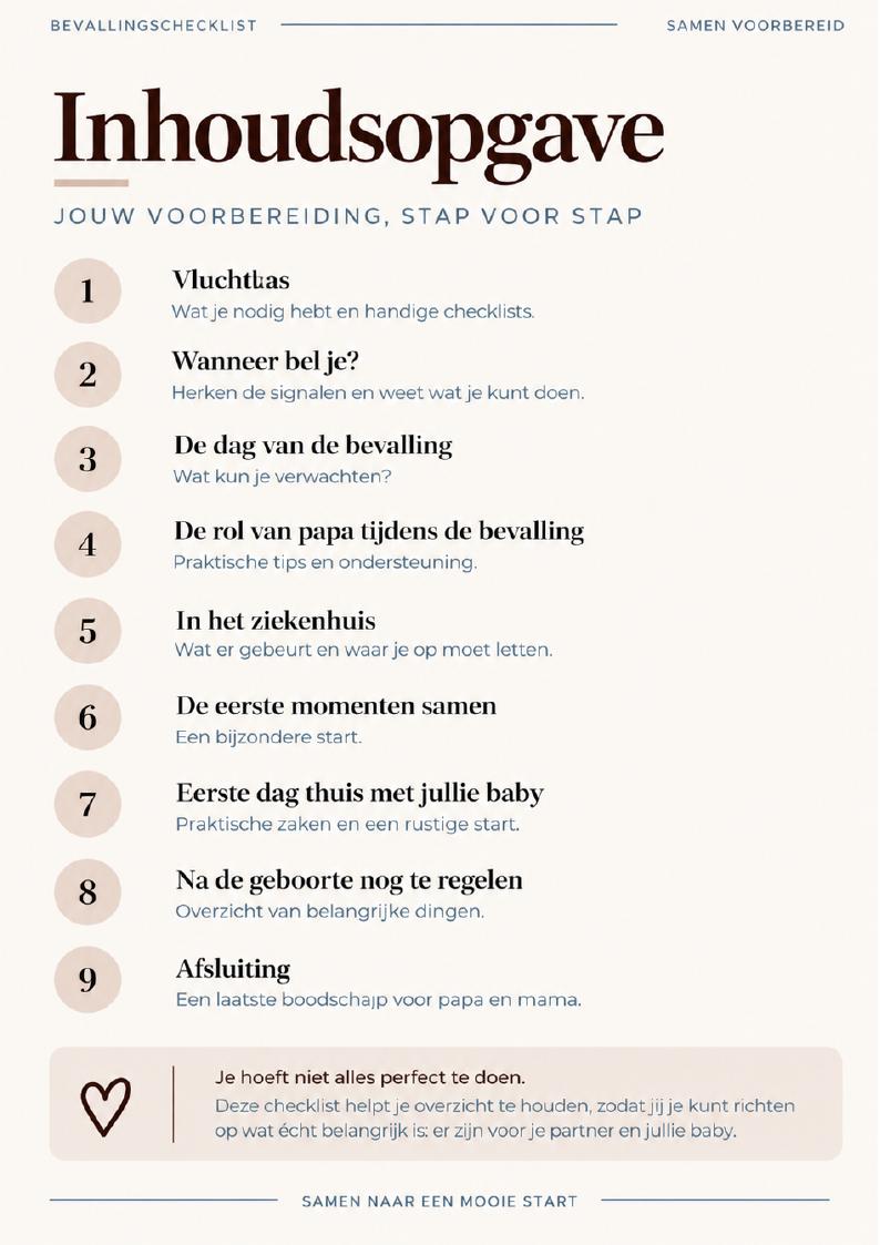 Inhoudsopgave van de Bevallingschecklist